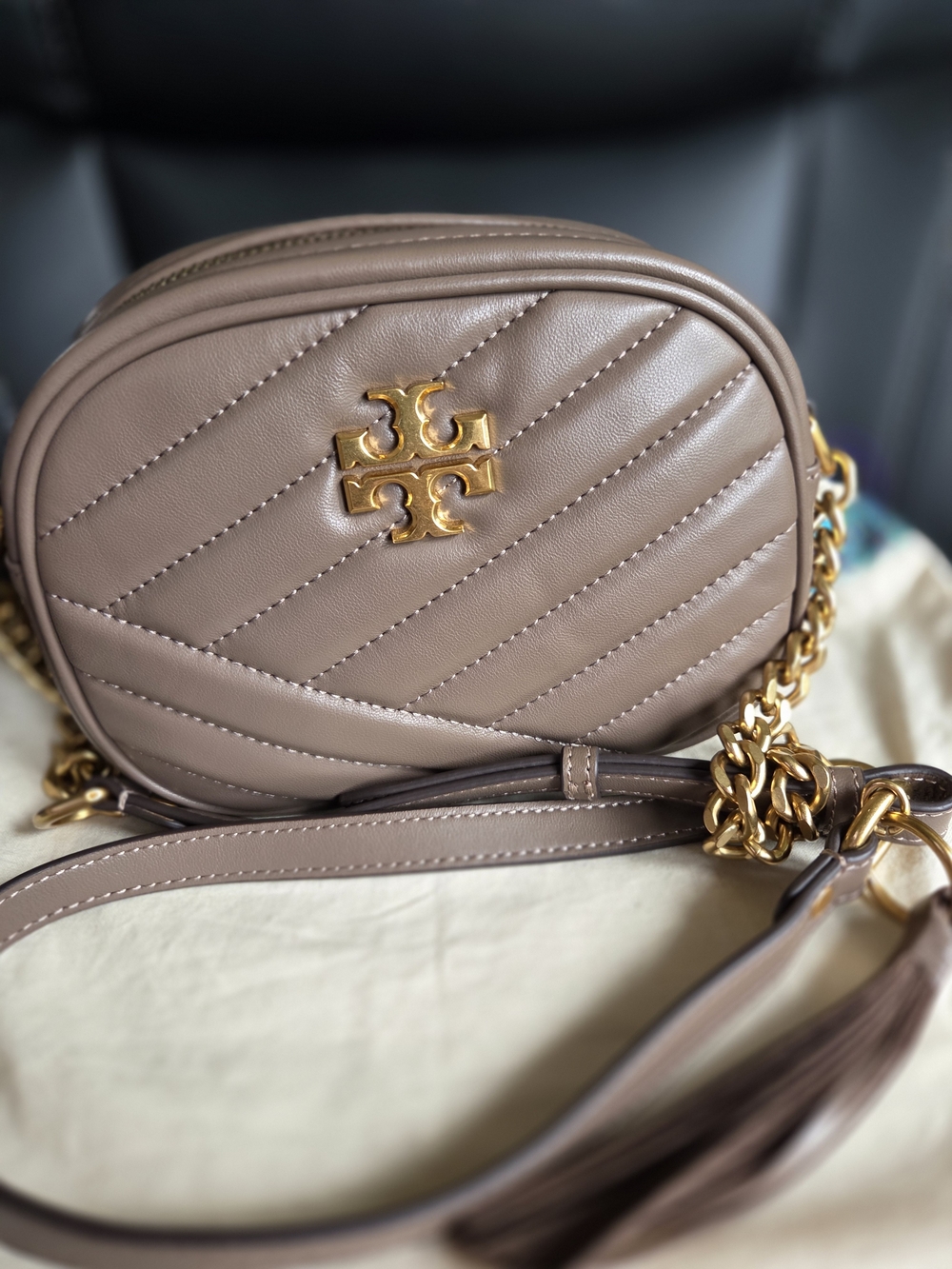 Tory Burch Quilted Chevron Crossbody Bag in Taupe with Gold Hardware
